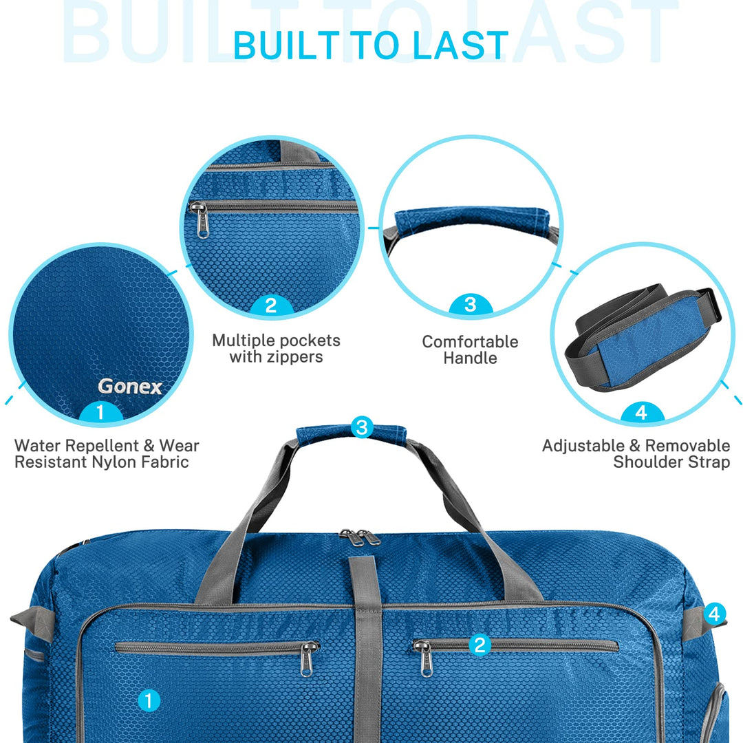 60L Packable Travel Duffle Bag Foldable Duffel Bags for Luggage Gym Sports Camping Travelling Cycling Storage Shopping Water &amp; Tear Resistant Deep Blue