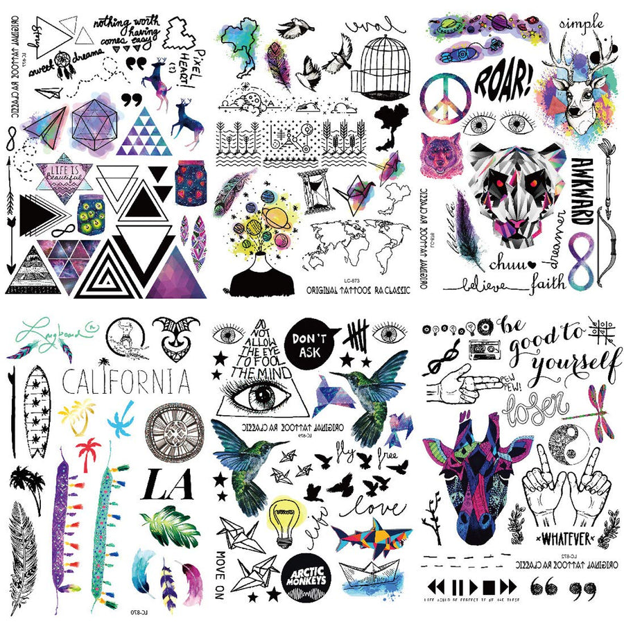 Ooopsi 7 Sheets Cute Small Temporary Tattoos For Kids Men Women - Fashion Colorful Wolf Bird Bear Cartoon Face Tattoo Stickers Boys Girls Child Arm Hands Fake Tatoos