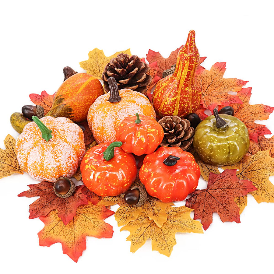 Thanksgiving Artificial Pumpkins 50 Pcs, Fall Decorations for Home Indoor, Small Plastic Pumpkins Acorns Pinecones Gourds Maple Leaves for Wedding Fall Harvest Decor, Fall Pumpkins Décor