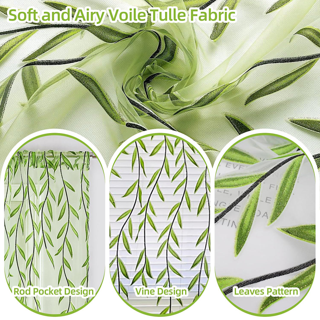 Green Sheer Window Curtains-Pocket Design Sheer Curtains Pretty Vine Curtains 2 Panels Leaf Pattern Curtain Sheers Voile Sheer Window Curtain Panels for Kids Bedroom Living Room Nursery