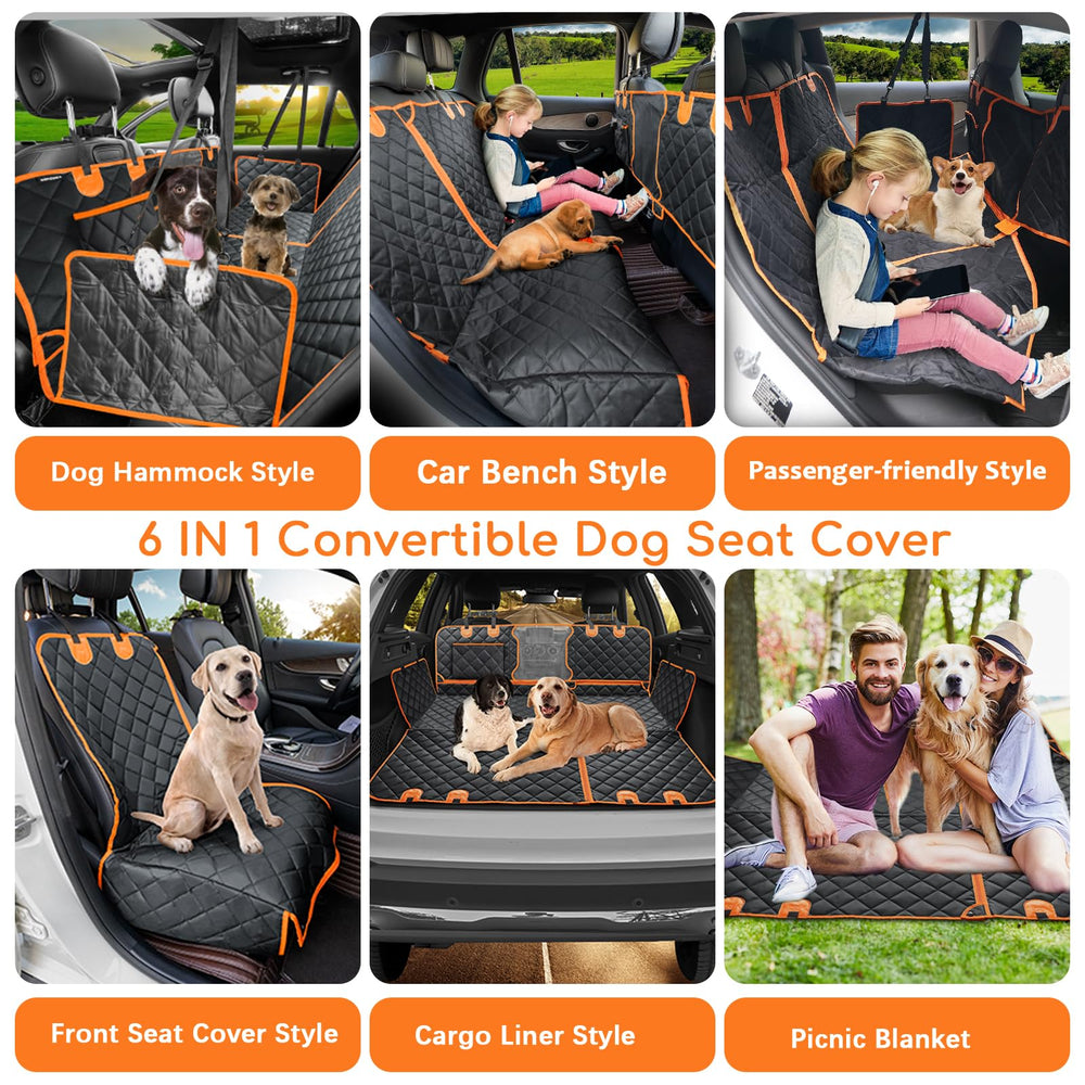 6 in 1 Convertible Dog Car Seat Cover for Back Seat 60/40 Split Dog Seat Cover 100% Waterproof Dog Hammock for Car Nonslip Pet Seat Cover with Mesh Window & Pocket for Cars Trucks and SUVs