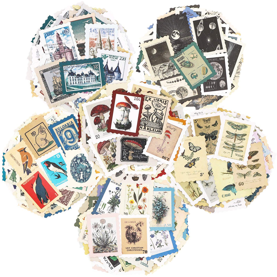 Vintage Postage Stamp Stickers Set (276 Pieces) - Botanical Deco Sticker for Scrapbooking, Bullet Journaling, Junk Journal, Planners, Bujo Travel Diary, Nature Plant Ephemera