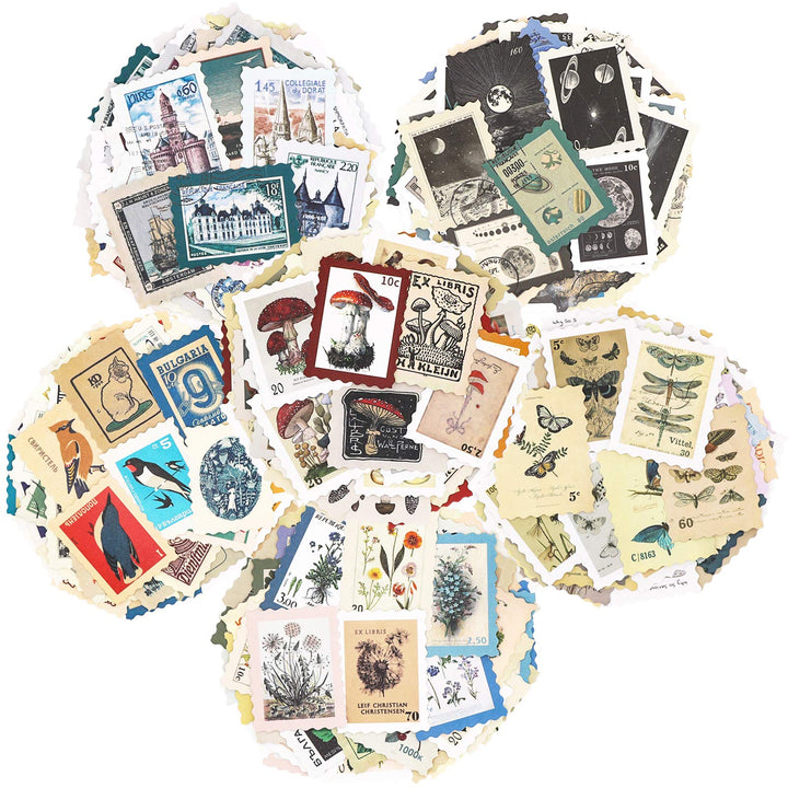 Vintage Postage Stamp Stickers Set (276 Pieces) - Botanical Deco Sticker for Scrapbooking, Bullet Journaling, Junk Journal, Planners, Bujo Travel Diary, Nature Plant Ephemera