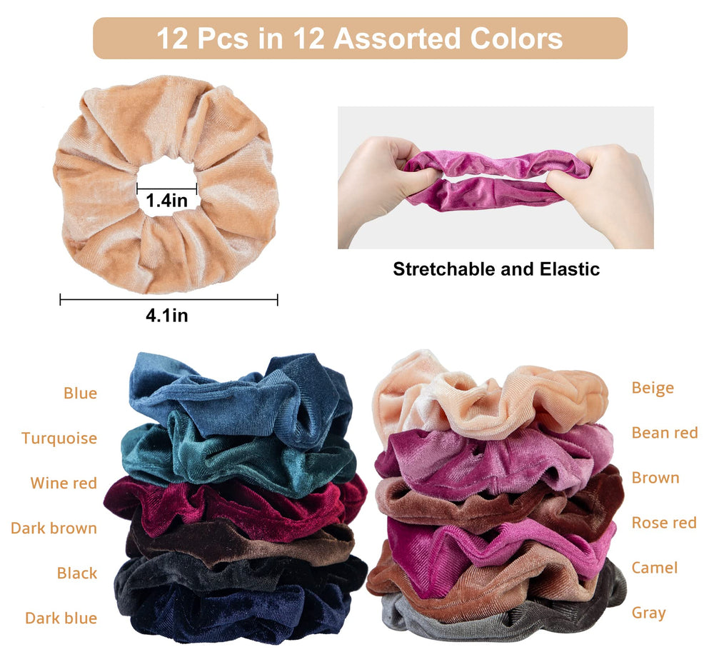 12 Pcs Hair Scrunchies Velvet Elastic Hair Bands Scrunchy Hair Ties Ropes Scrunchie for Women or Girls Hair Accessories - 12 Assorted Colors Scrunchies