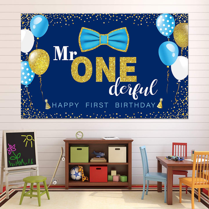 Mr. Onederful Birthday Party Decorations for Boys Happy 1st Birthday Banner Backdrop Large First Birthday Cake Table Decor Mr One Party Favor Supplies (Blue and Gold)