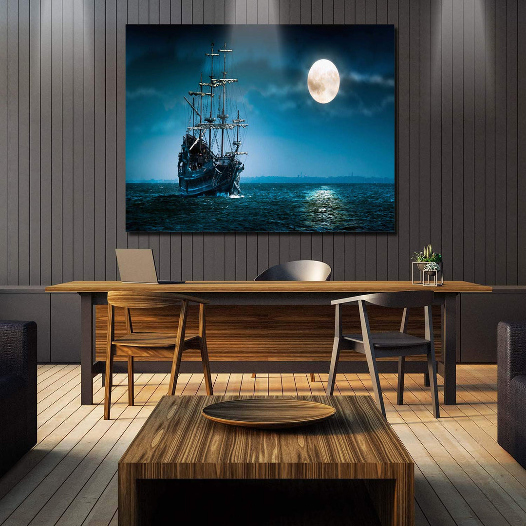 Canvas Wall Art - Night Ship Sea Navigation Moon Pictures - Modern Wall Decor Gallery Canvas Wraps Giclee Print Stretched and Framed Ready to Hang - 12 x 16