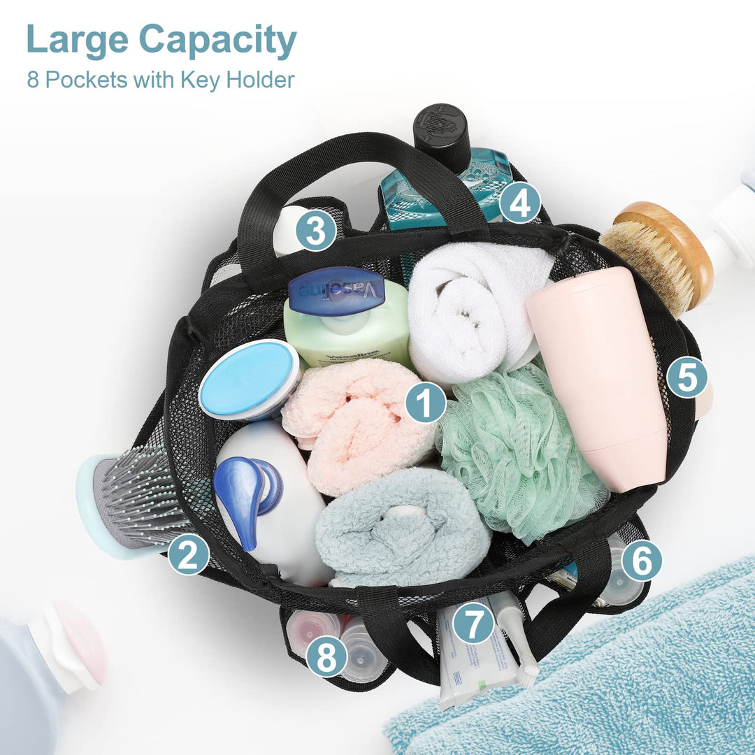 Mesh Shower Caddy Portable, Shower Caddy Quick Dry Hanging Shower Bag for College Dorm Essentials, 8 Pockets Deeper Bath Shower Caddy Basket for Bathroom Camp Gym Swim Travel Outdoor, Black