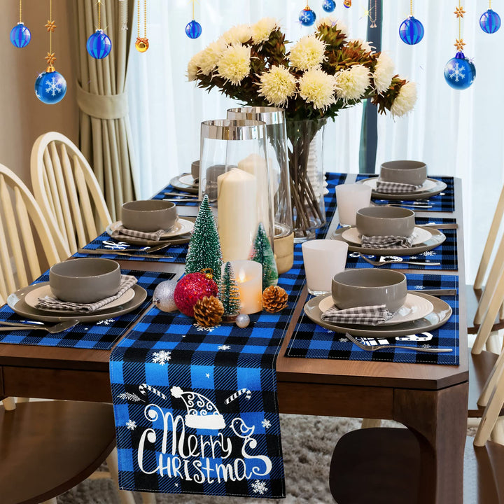 7 Pieces Christmas Buffalo Plaid Table Runner and Placemats Set Merry Christmas Blue Black Buffalo Plaid Table Runner Decor Winter Holiday Table Mats for Christmas Party Supplies Table Decorations