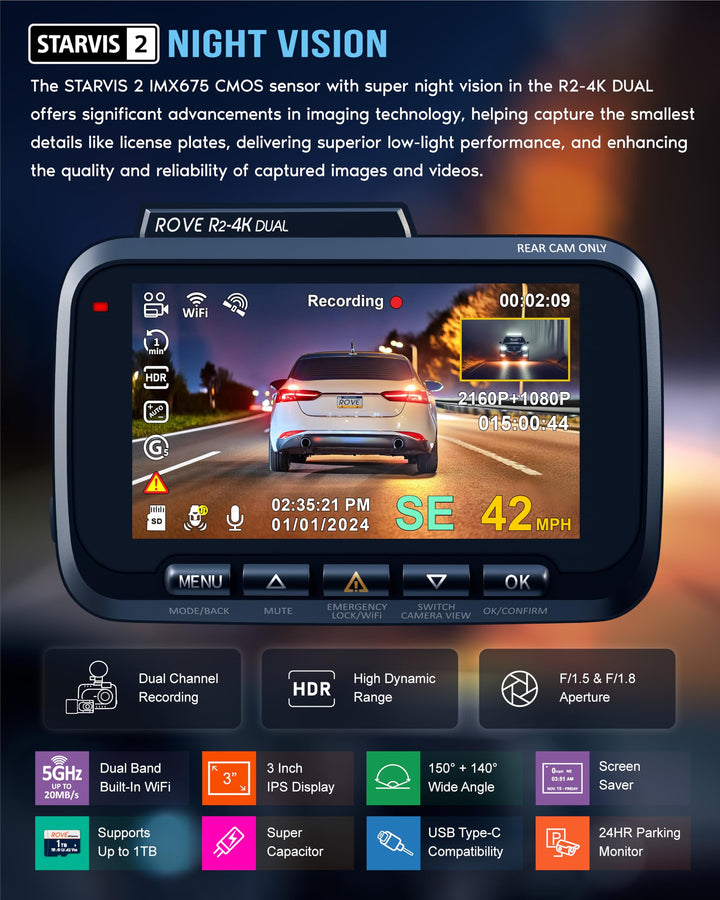 ROVE R2-4K DUAL Dash Cam Front and Rear, STARVIS 2 Sensor, FREE 128GB Card Included, 5G WiFi - up to 20MB/s Fastest Download Speed with App, 4K 2160P/FHD Dash Camera for Cars, 3 IPS, 24H Parking Mode