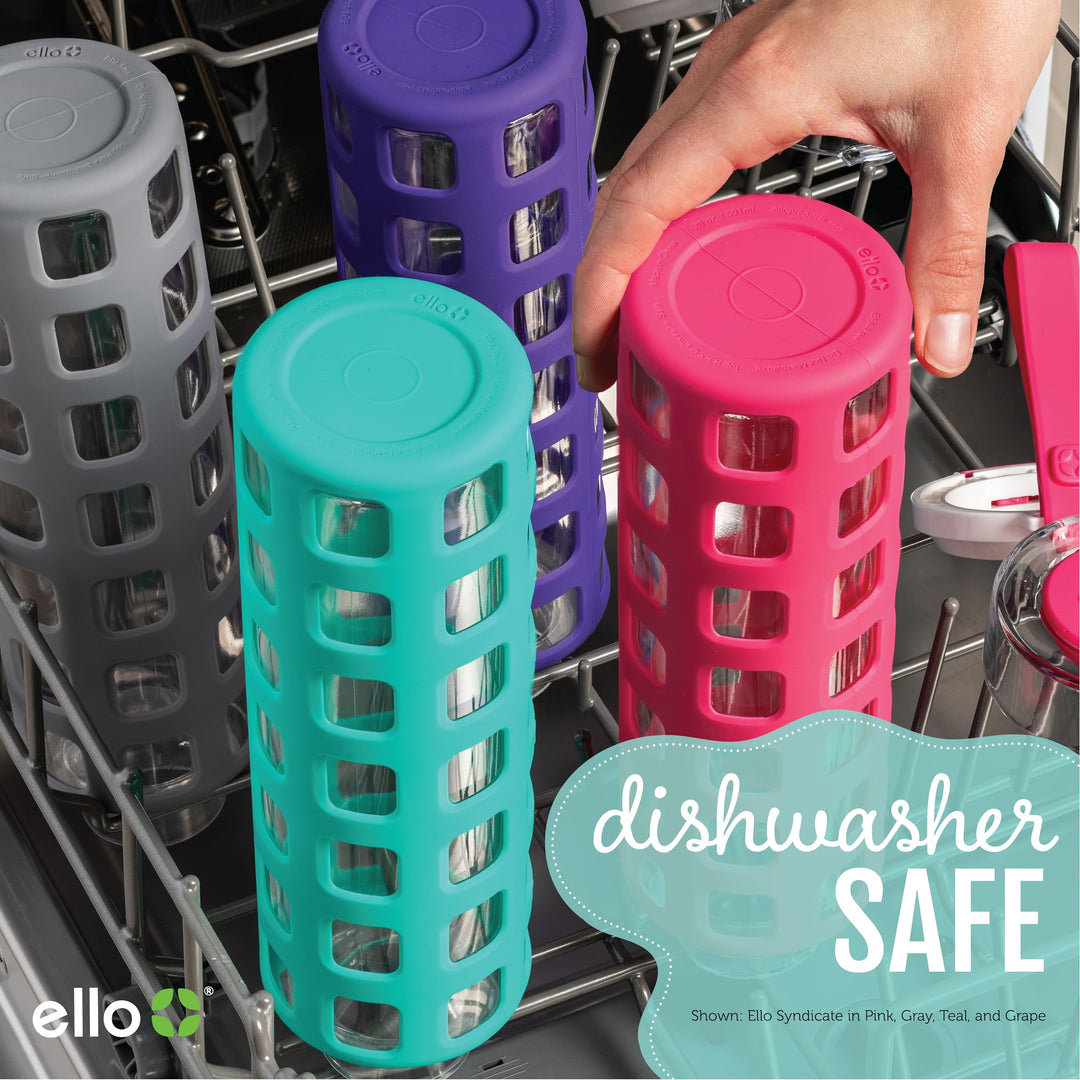 Syndicate 20oz Reusable Glass Water Bottle with One-Touch Leak Proof Flip Lid and Protective Non-Slip Silicone Sleeve and Carry Loop for Coffee, Tea and Water, BPA-free, Dishwasher Safe, Pink
