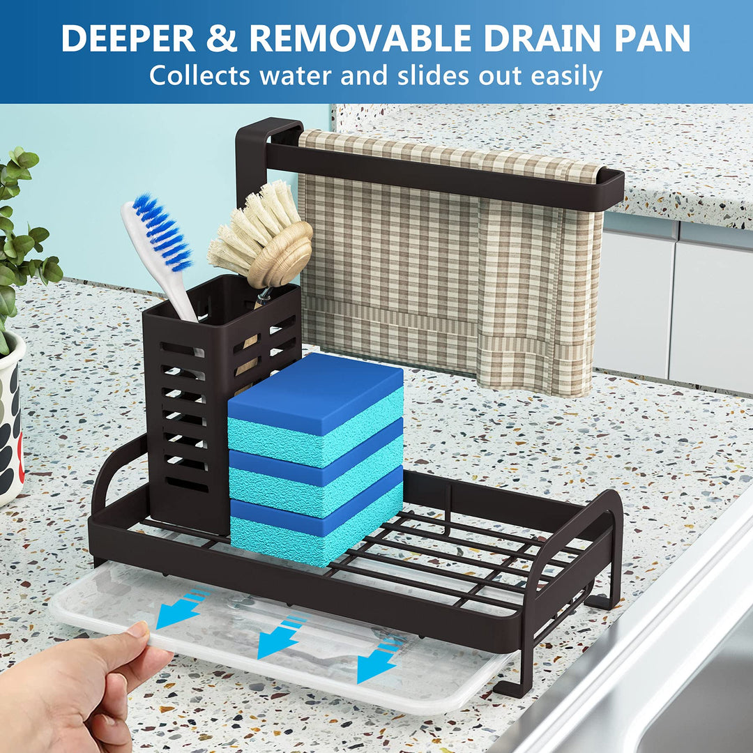 Sink Caddy Organizer, Kitchen Sink Caddy Bronze with Drain Tray Sponge Holder Brush Dishcloth Holder Hanger Countertop for Kitchen