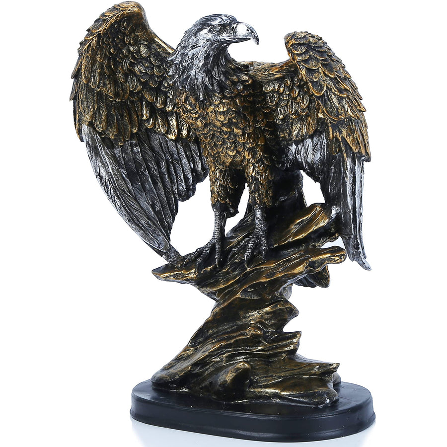 10.25 Tall Patriotic Eagle On Rocks Statue Wild Bird Eagle Decorative Bronze Patina Resin Figurine