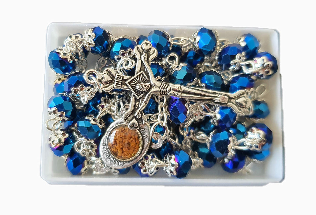 Deep Blue Crowned Catholic Crystal Rosary Necklace in gift Box