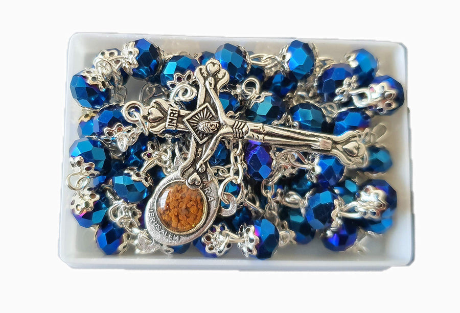 Deep Blue Crowned Catholic Crystal Rosary Necklace in gift Box