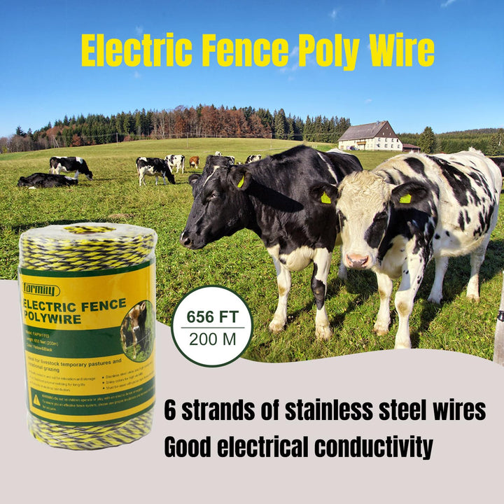 Portable Electric Fence Polywire, 656 Feet 200 Meter, 6 Conductors, Yellow and Black Color, Easy to Install Repair Splice and Rewind