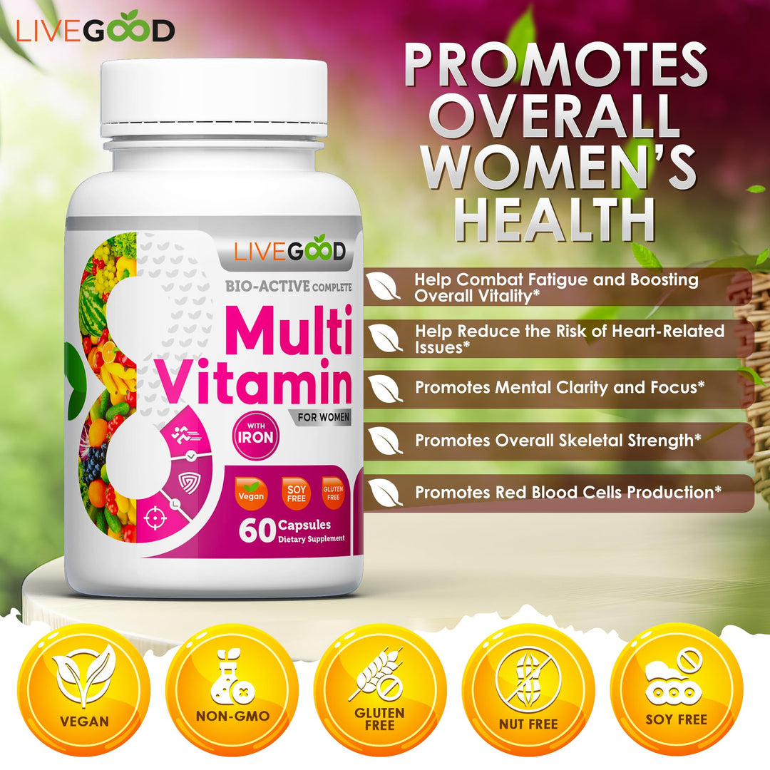 LIVEGOOD™ Women's Bio-Active Complete Multivitamin with Iron, Vitamin A, B12, C, E, Lycopene, Vegan, 60 Capsules