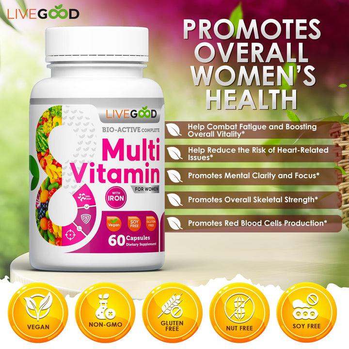 LIVEGOOD™ Women's Bio-Active Complete Multivitamin with Iron, Vitamin A, B12, C, E, Lycopene, Vegan, 60 Capsules