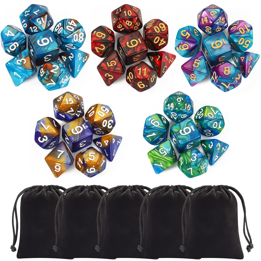 Polyhedral Dice Set (35 Pieces) with Black Pouches, 5 Complete Double-Colors Dice Sets of D4 D6 D8 D10 D% D12 D20 Compatible with Dungeons and Dragons DND RPG MTG Table Games