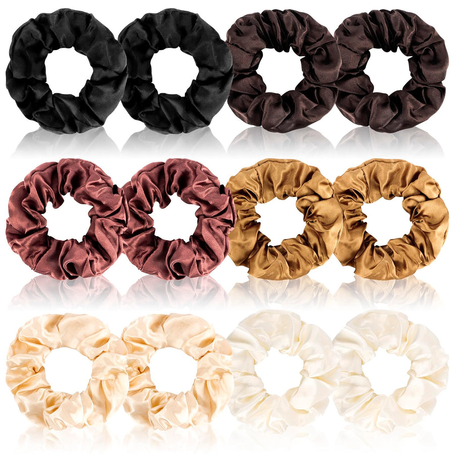 Cubaco 12 Pieces Satin Hair Scrunchies Elastic Hair Bobbles Scrunchy Hair Ties Ponytail Holder, 6 Colors (Natural)
