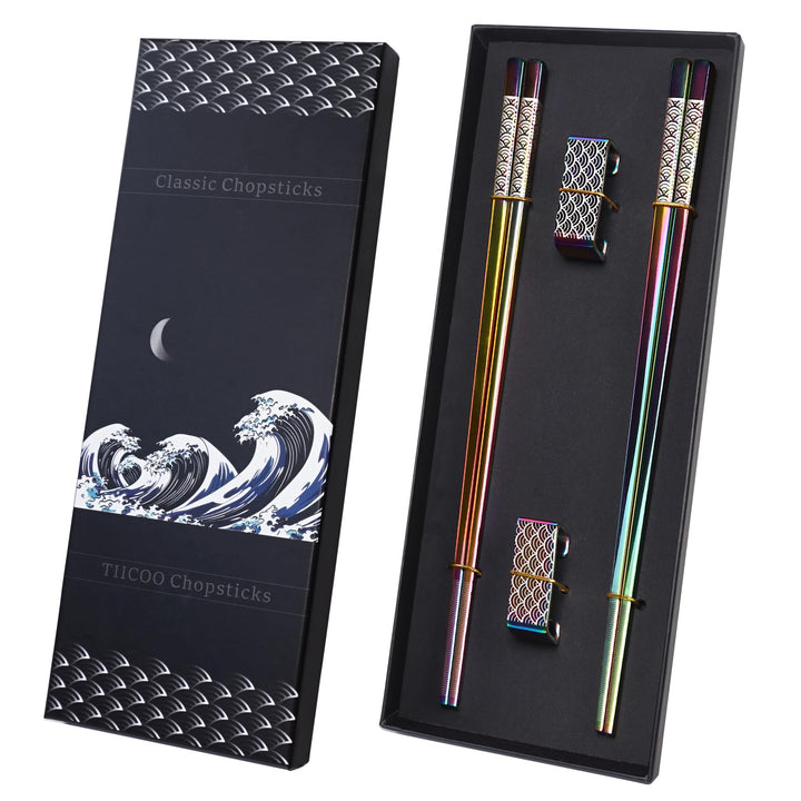 Metal Chopsticks Reusable 2 Pairs Titanium Plated Stainless Steel18/8 Chopsticks with Holder, Dishwasher Safe Lightweight Japanese Style Chopsticks Gift Set(Rainbow Gradient)