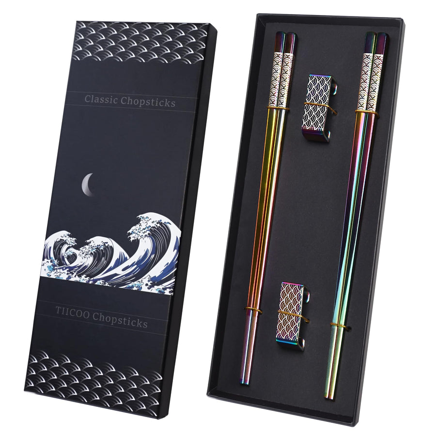 Metal Chopsticks Reusable 2 Pairs Titanium Plated Stainless Steel18/8 Chopsticks with Holder, Dishwasher Safe Lightweight Japanese Style Chopsticks Gift Set(Rainbow Gradient)