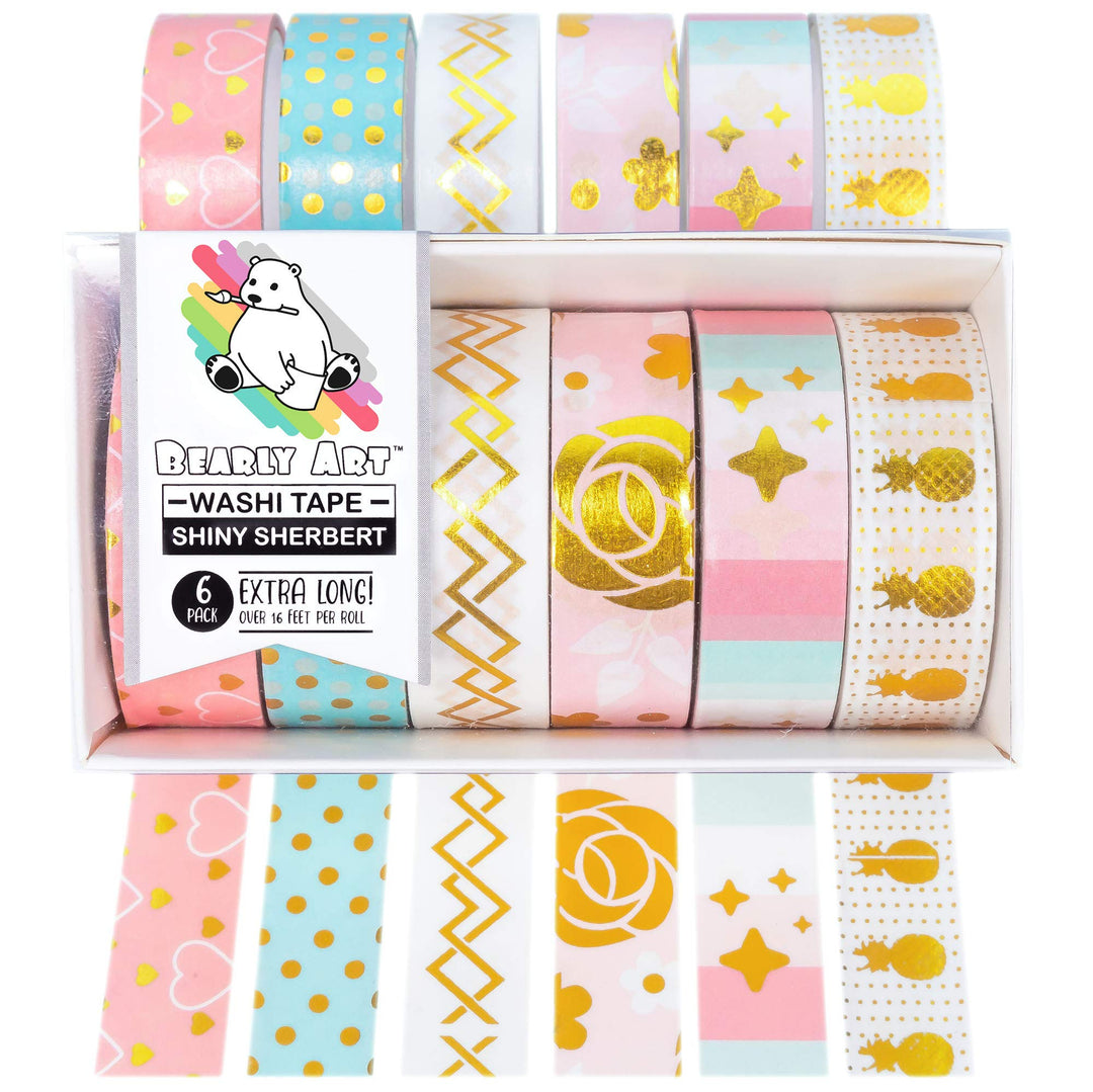 Washi Tape - Shiny Sherbert - Foil Decorative Tape Set for DIY Crafts - Scrapbooking and Paper Crafts - 6 Styles Extra Long Rolls - 15mm Wide and 5m Long