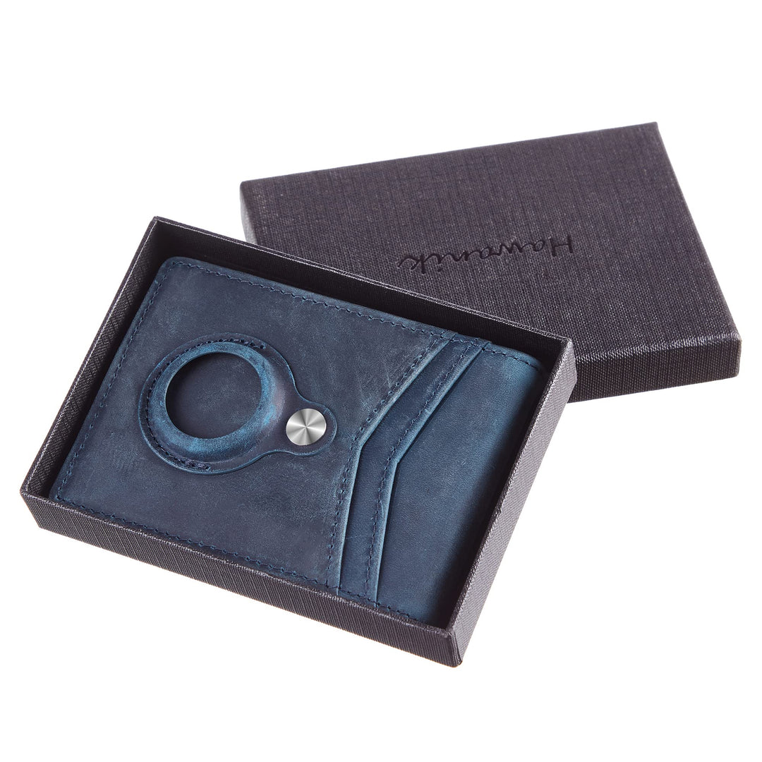 Hawanik Genuine Leather Wallet for AirTag Finder, Slim Bifold Wallet Money Clip with Built-in Holder for AirTag
