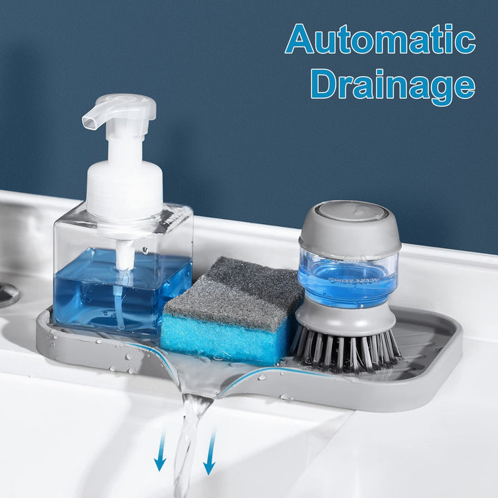 Silicone Kitchen Soap Tray, Sink Tray for Kitchen Counter/Soap Bottles, Sponge Holder and Organizer with Drain Spout, Grey, [Size: 9.5 x 5 inch]