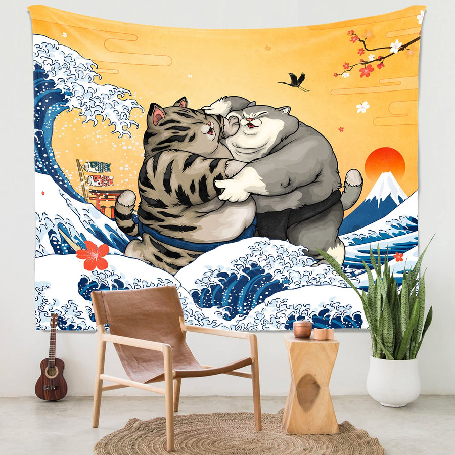 Japanese Cat Tapestry Sunset Wave Tapestry Mount Fuji Nature Tapestry, for Great Wave Tapestry for Bedroom Living Room Dorm (Yellow, 50x60 Inches)