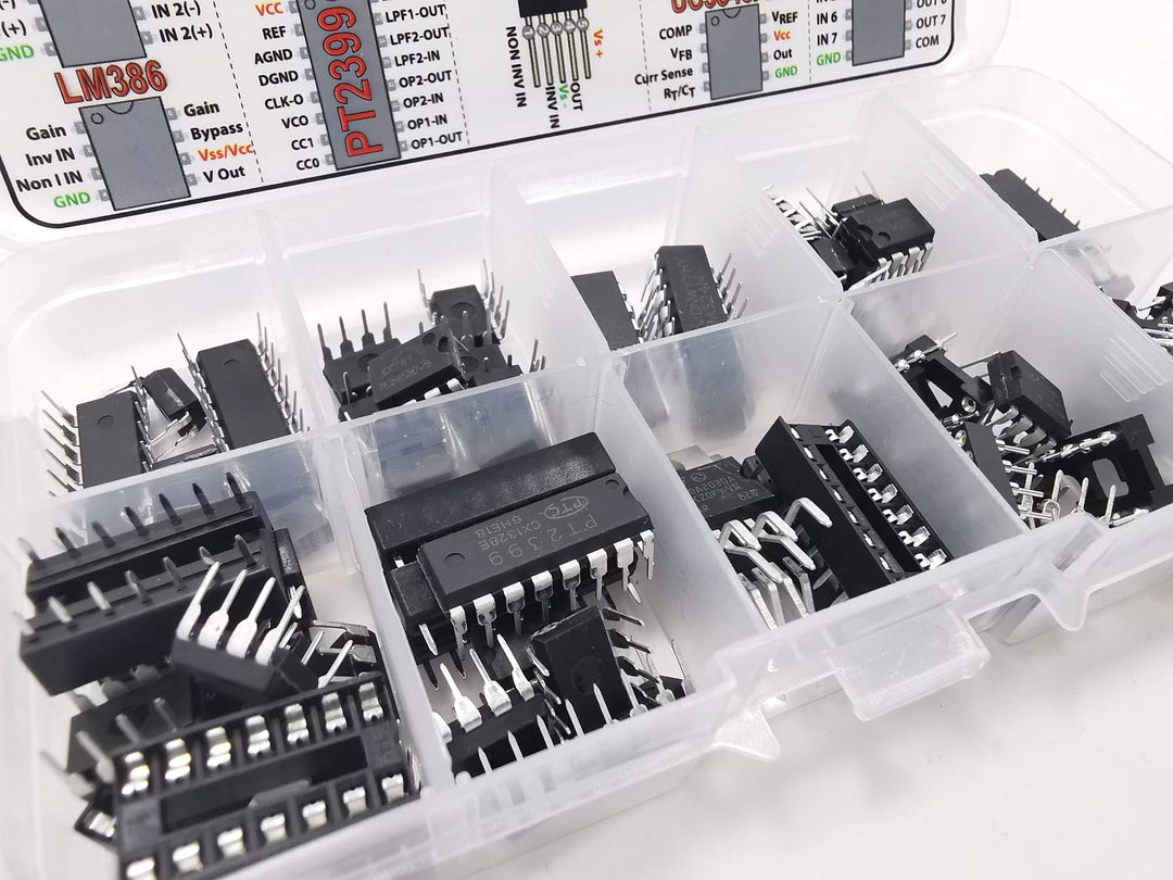IC Assortment Box 75 pcs, PC817c, NE555, LM358, LM324, JRC4558D, LM393, LM339, NE5532, LM386, PT2399, TDA2822, TDA2030A, UC3842AN, UC3843AN, ULN2803APG, ULN2003AN and Sockets