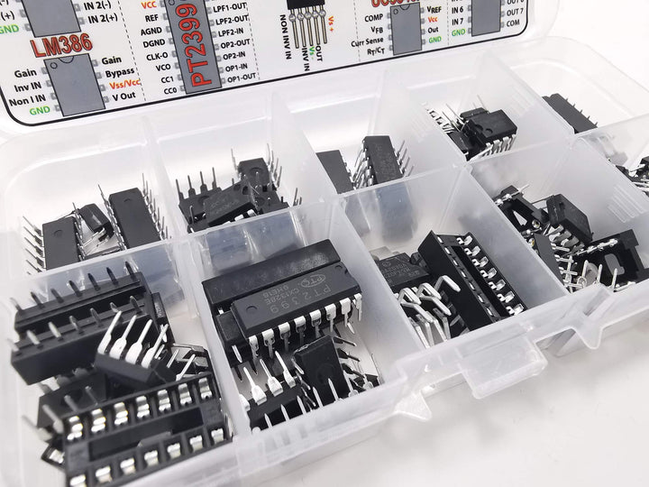 IC Assortment Box 75 pcs, PC817c, NE555, LM358, LM324, JRC4558D, LM393, LM339, NE5532, LM386, PT2399, TDA2822, TDA2030A, UC3842AN, UC3843AN, ULN2803APG, ULN2003AN and Sockets