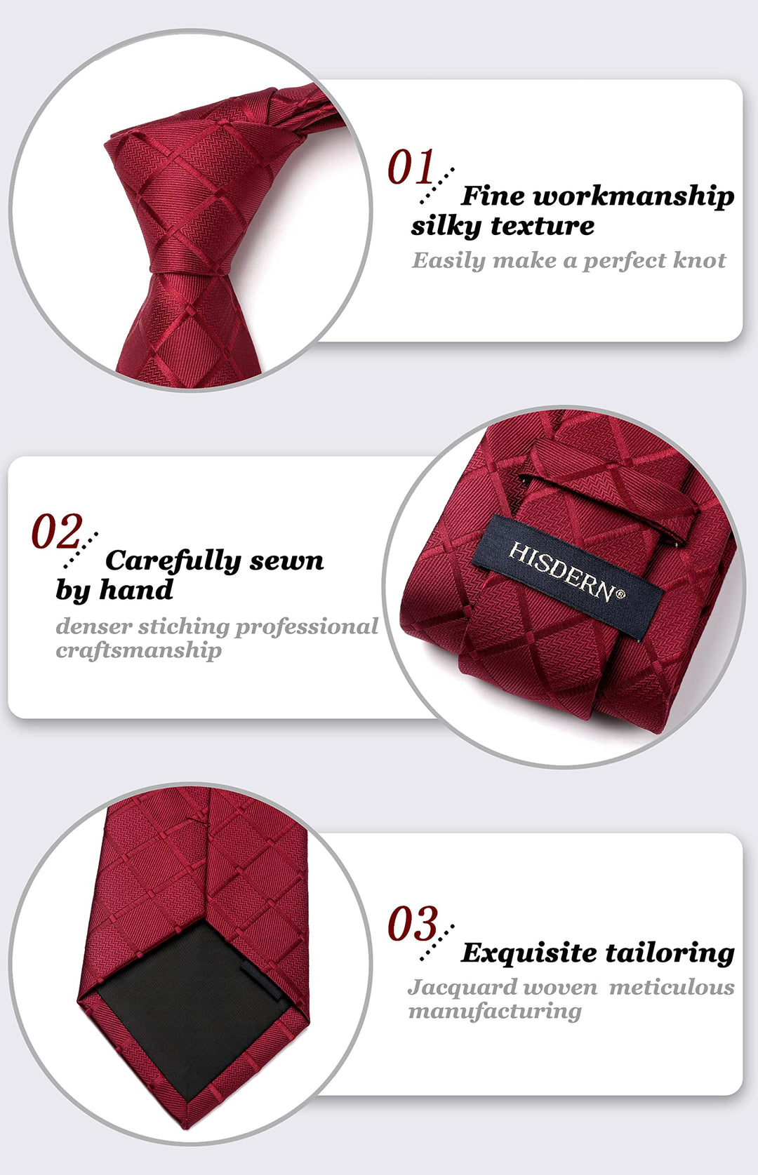 HISDERN Red Ties for Men Plaid Tie with Pocket Square S