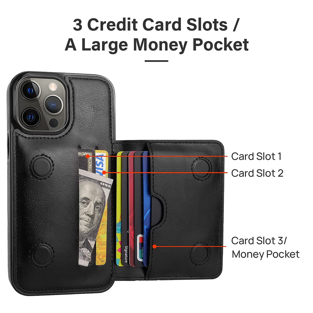 for iPhone 13 Pro Max Wallet Case with Card Holder, Faux Leather Kickstand Card Slots Case, Handmade RFID Blocking Magnetic Shockproof Protective Slim Back Flip Phone Case 6.7 Black
