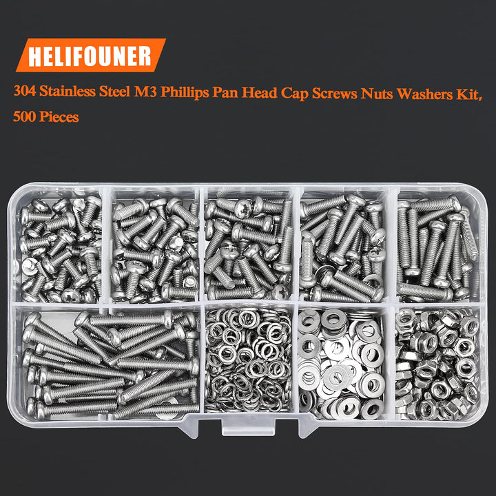 500 Pieces M3 x 6mm /8mm /10mm /12mm /16mm /20mm, Phillips Pan Head Machine Screws, Metric Screws Bolts Washers Nuts Kit, 304 Stainless Steel