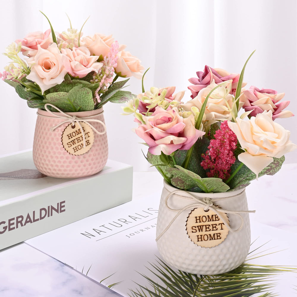 2Pcs Artificial Pot Flowers White/Pink Faux Lavender Potted Fake Flower Arrangements in Slurry Pots for Home Office Farmhouse Decoration Table Centerpieces Shelf Small Plant Decor