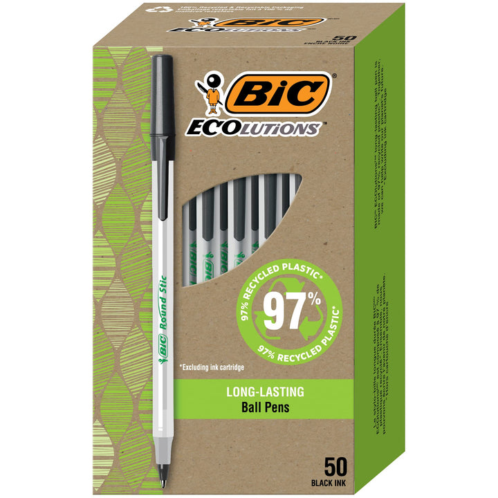 BIC ReVolution 97% Recycled Round Stic, Medium Point (1.0mm), Black, 50-Count Pack, Eco Friendly Pens For School Supplies, 100% Recycled Packaging
