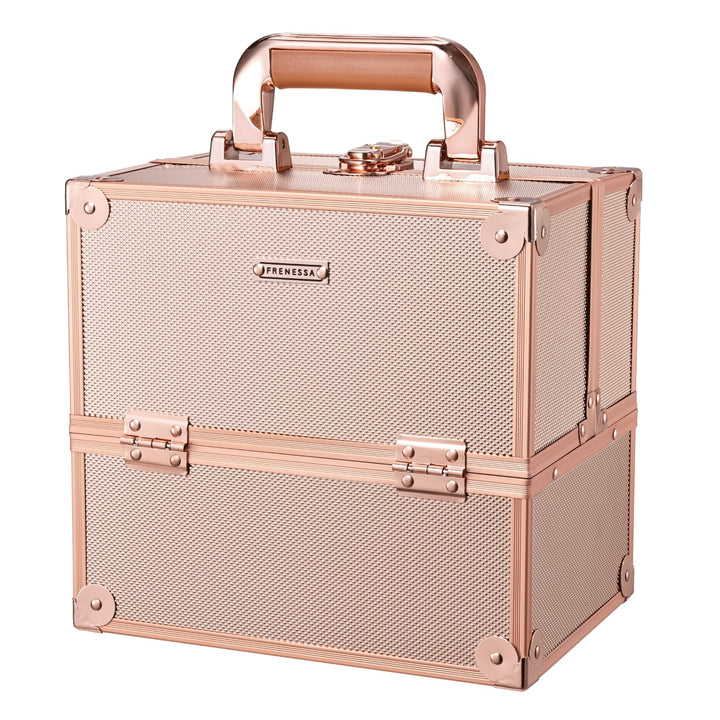 Makeup Train Case 10 Inch Travel Beauty Cosmetic Box Professional 4-trays Jewelry Storage Organizer with Lockable Portable for Women and Girls - Rose Gold