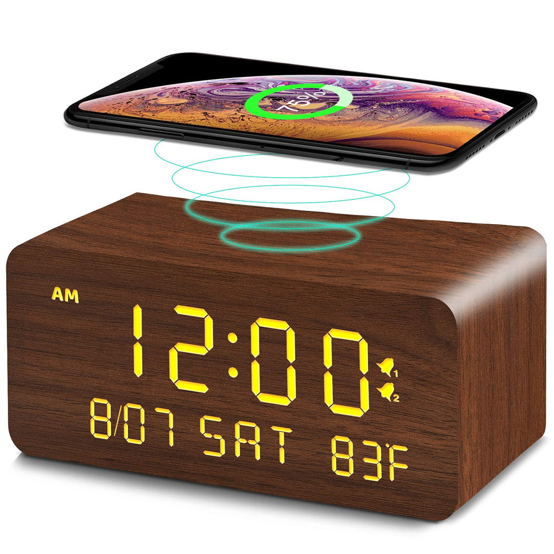 Andoolex Wooden Digital Alarm Clock with Wireless Charg