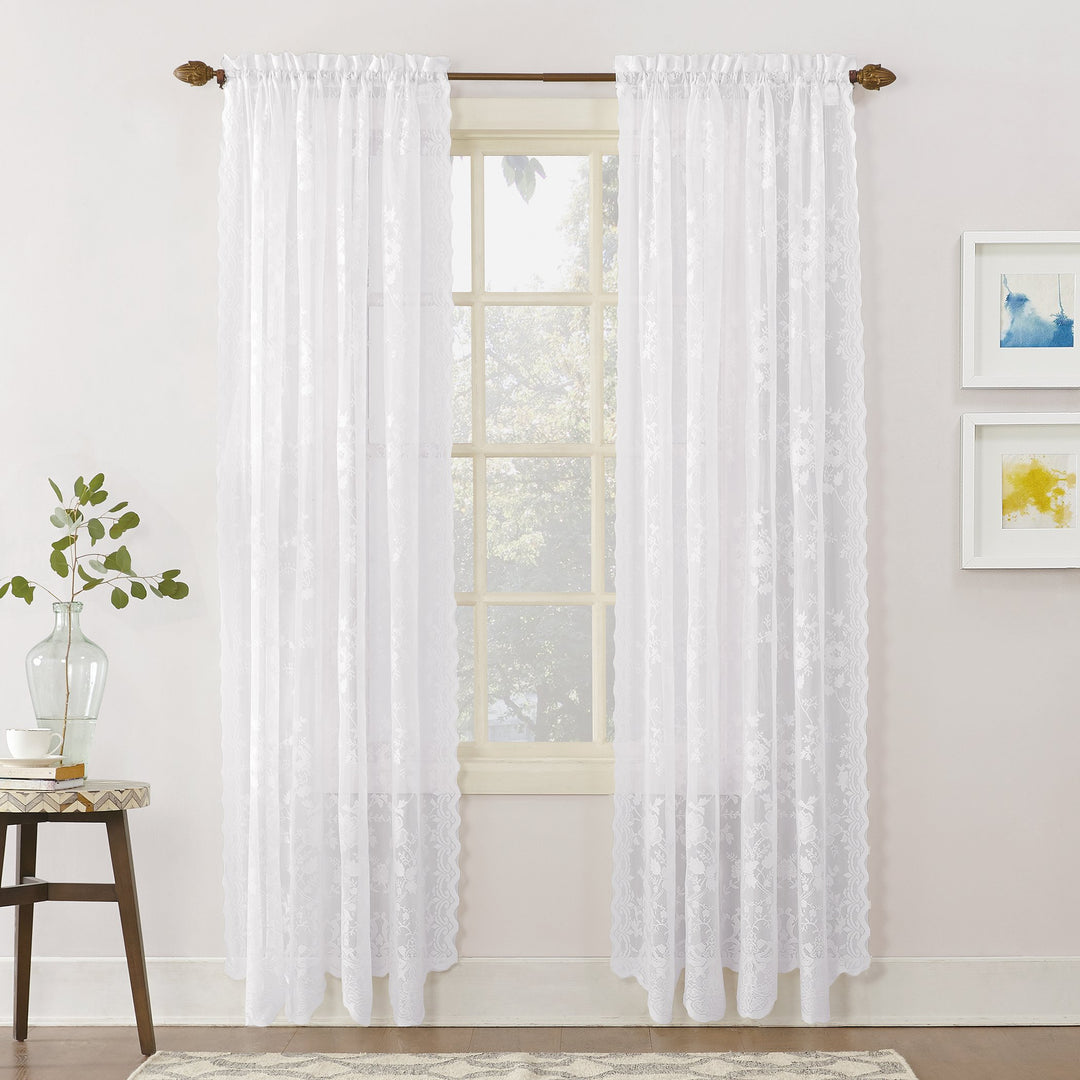 Alison Floral Lace Sheer Rod Pocket Curtain Panel, 58 x 63, White