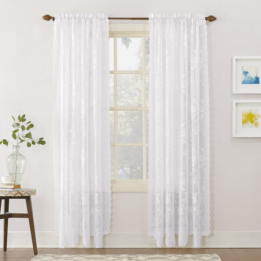 Alison Floral Lace Sheer Rod Pocket Curtain Panel, 58 x 63, White