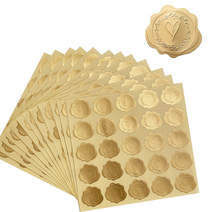 DreamBuilt 300pcs Gold Embossed Wax Seal Looking Heart 