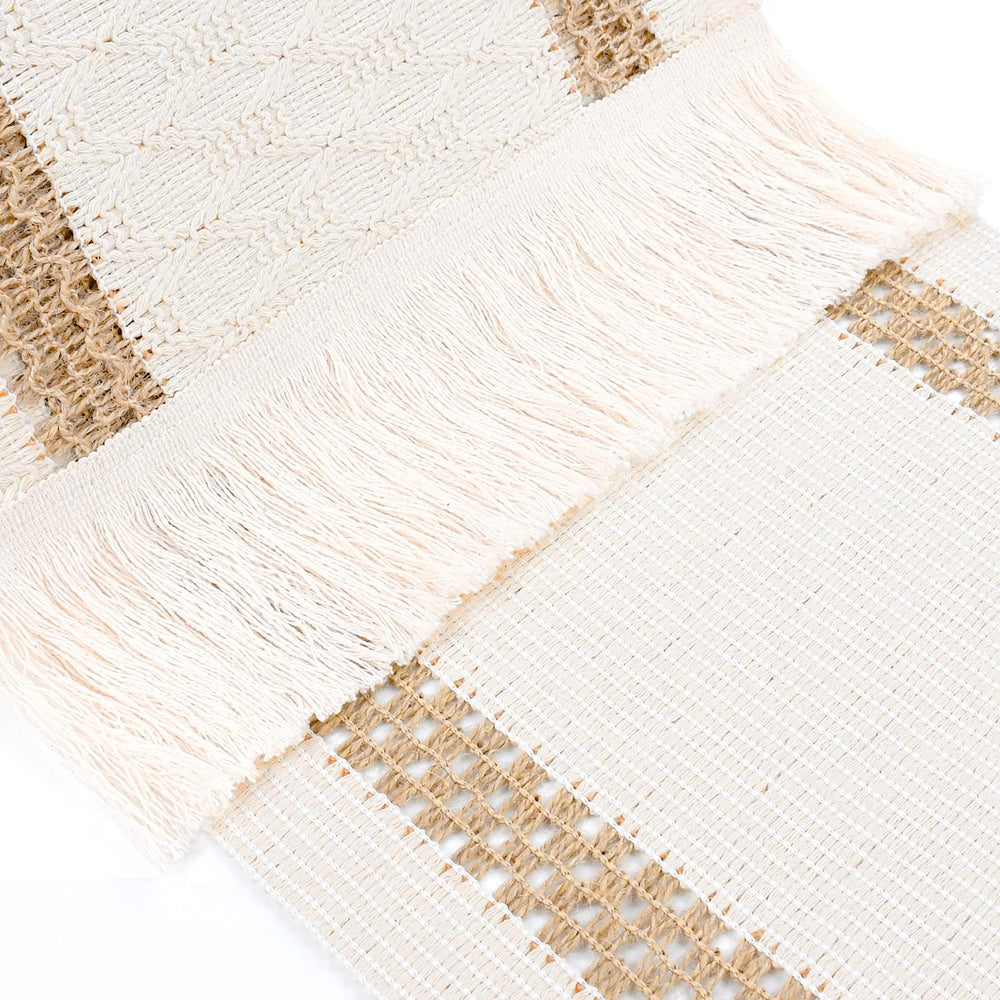 Macrame Table Runner, Cream Beige Boho Table Runner with Tassels, Hand Woven Cotton and Burlap Splicing Table Runner, Rustic Farmhouse Table Runner for Bohemian, Fall, Kitchen Dining Table