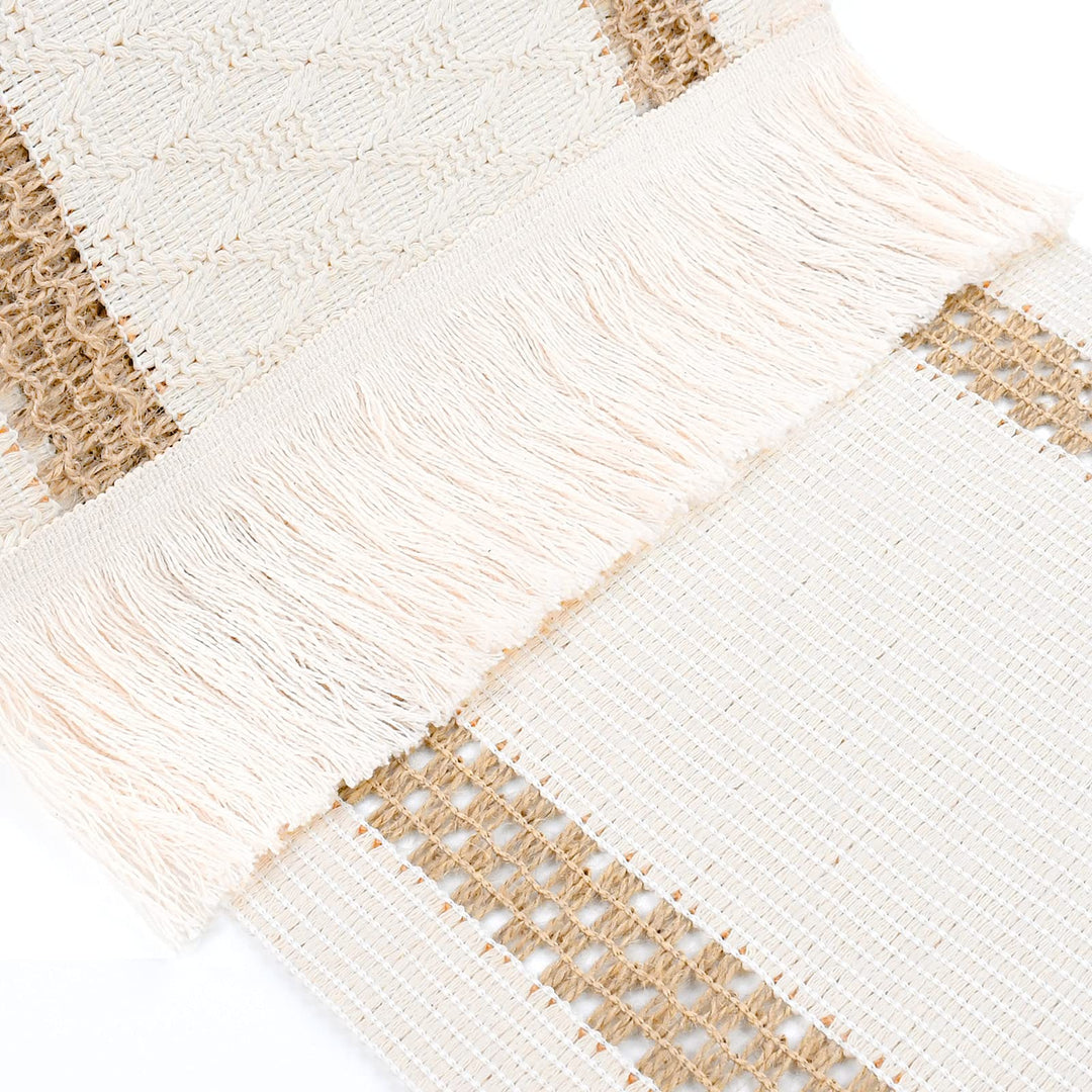 Macrame Table Runner, Cream Beige Boho Table Runner with Tassels, Hand Woven Cotton and Burlap Splicing Table Runner, Rustic Farmhouse Table Runner for Bohemian, Fall, Kitchen Dining Table
