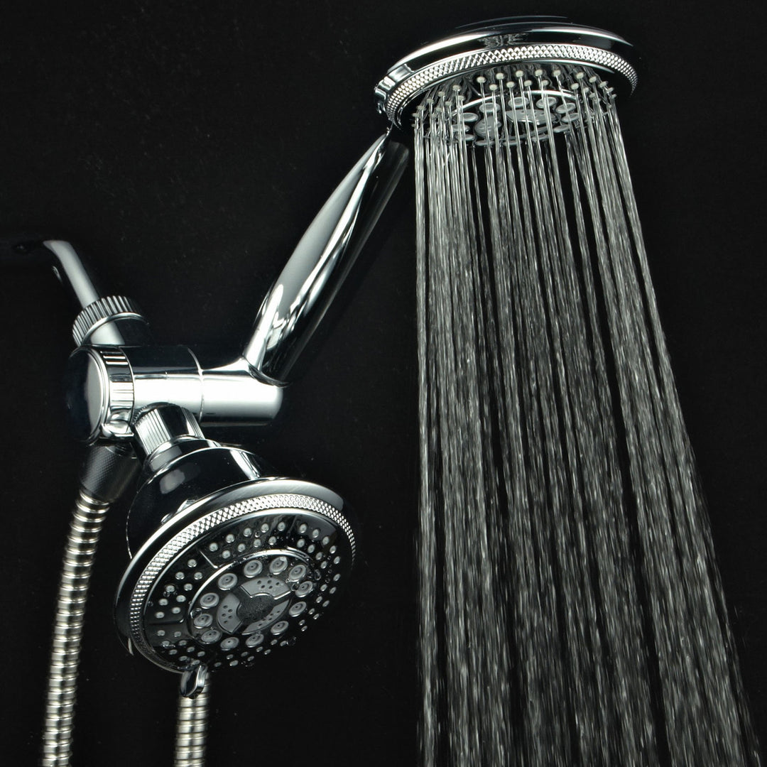 1433 Handheld Showerhead &amp; Rain Shower Combo. High Pressure 24 Function 4 Face Dual 2 in 1 Shower Head System with Stainless Steel Hose, Patented 3-way Water Diverter in All-Chrome Finish