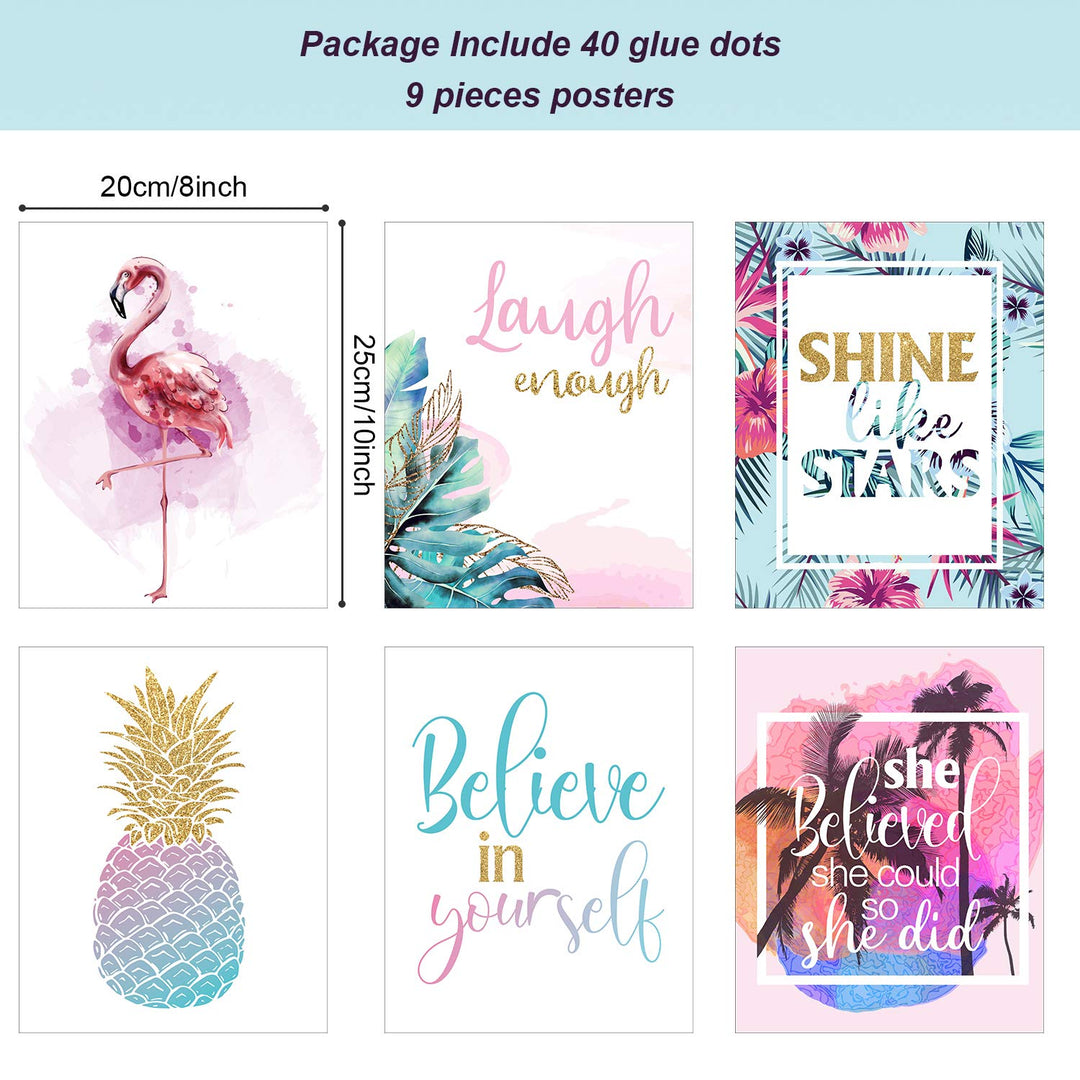 Set of 9 Inspirational Prints Teen Girl Room Wall Art Flamingo Pineapple Leaf Motivational Phrases Posters Girls Bedroom Home Decorations Unframed