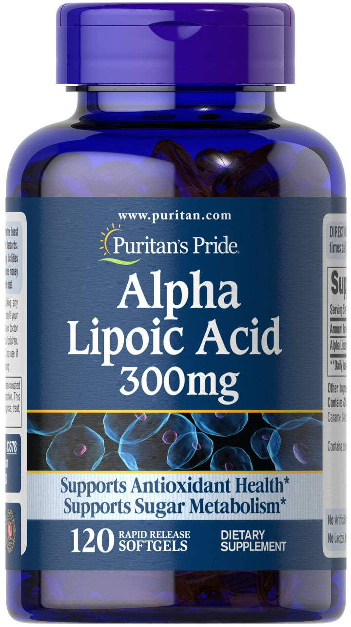 Puritan&#39;s Pride Alpha Lipoic Acid 300mg, Dietary Supplement for Antioxidant Health, Sugar, and Energy Metabolism Support, 4 Month Supply, 120 Rapid Release Softgels