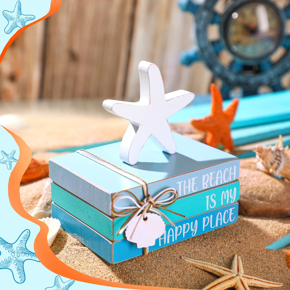 4 Pieces Beach Wooden Decor Beach Tiered Tray Decor Mini Wood Book Stacks Beach Wooden Book Rustic Farmhouse Decor Decorative with Starfish Shell Tag for Tiered Tray Decor