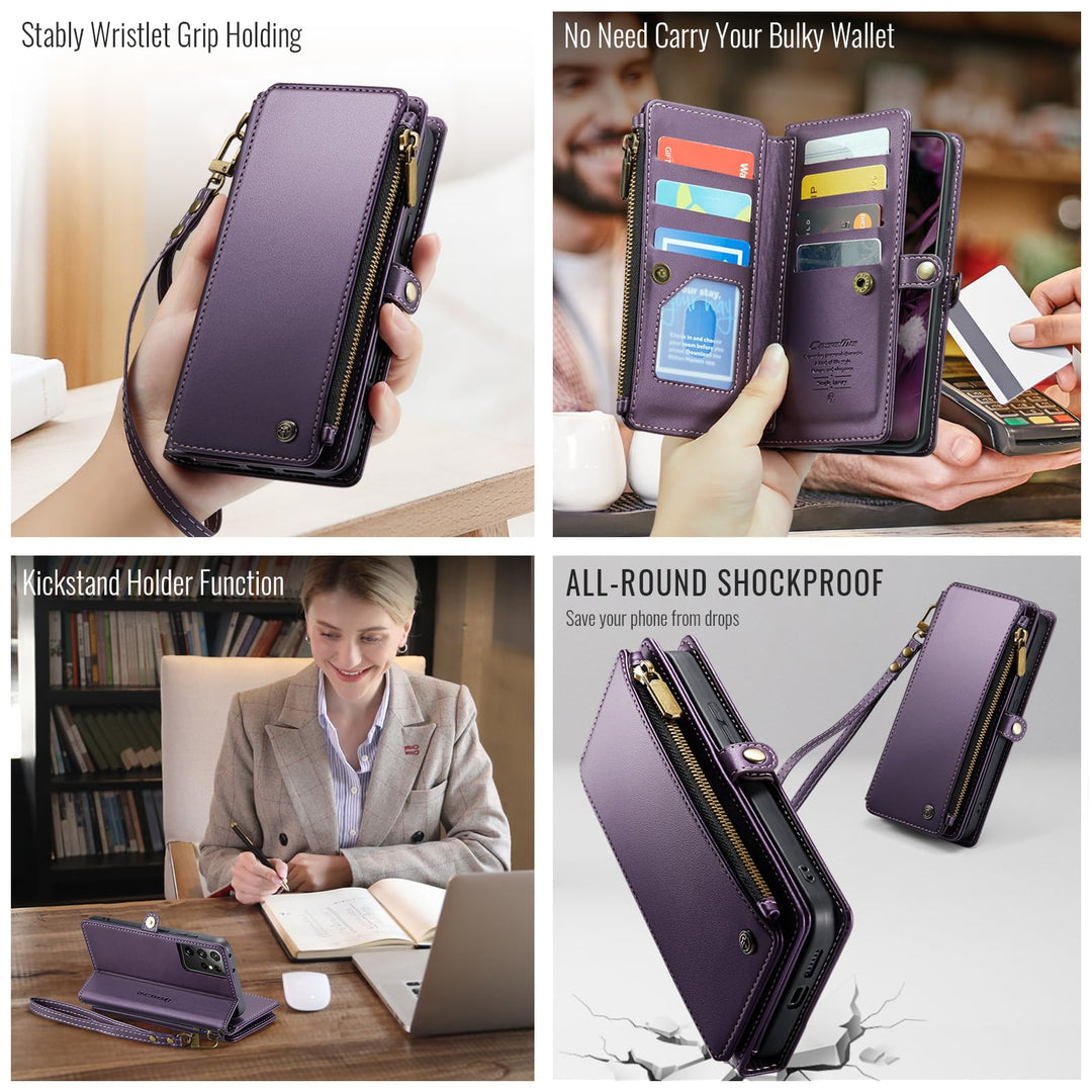Compatible with Samsung Galaxy S21 Ultra Case Wallet with Card Holder for Women Men, PU Leather Magnetic Snap Flip Zipper Strap Wallet Case Fit for Galaxy S21 Ultra 5G, Fashion Green