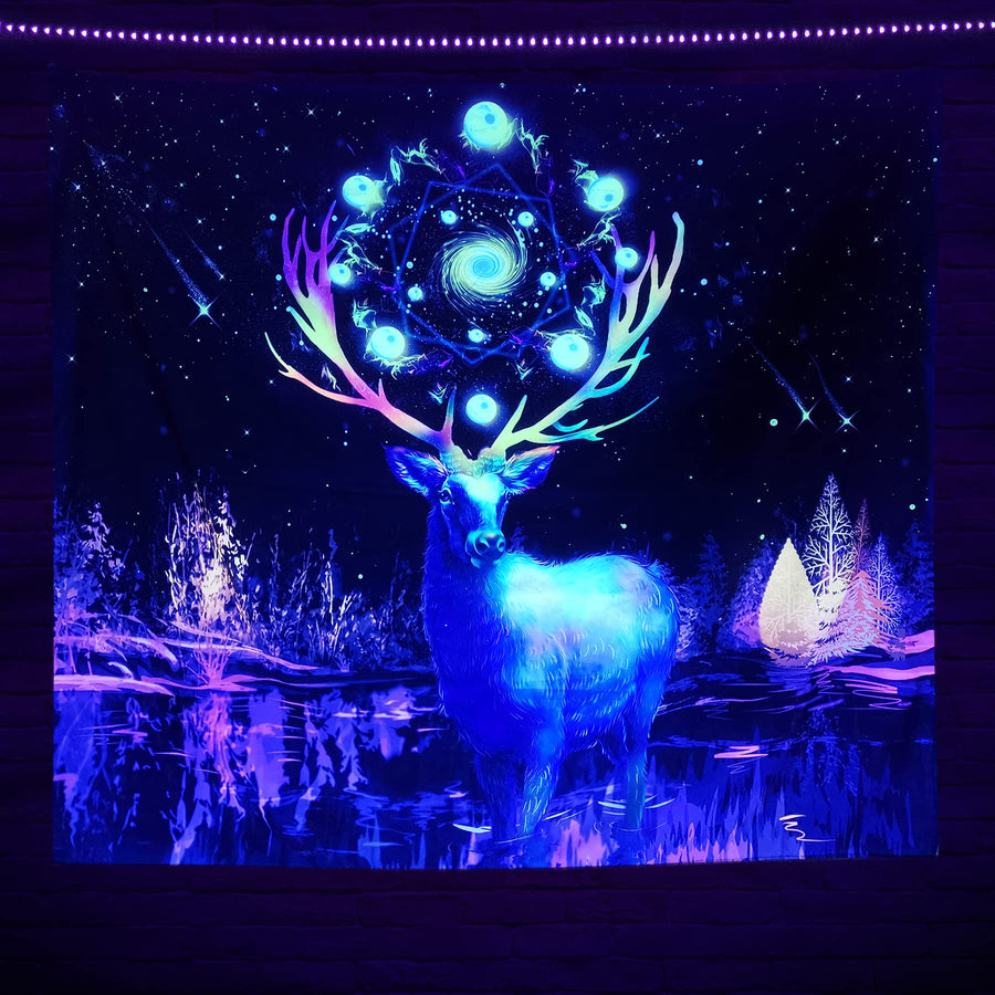 EKOFECK Blacklight Deer Tapestry, UV Reactive Stars Tapestry Glow in the Dark Party Backdrop, Black Light Magic Tapestries Wall Hanging for Bedroom Aesthetic Decor 60x51 Inch