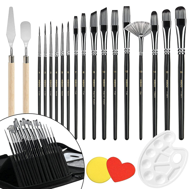 HIBOO Art Paint Brush Set-21 Different Sizes of Paint Tools for Acrylic Oil Watercolor Canvas Gouache Painting Brushes Includes Pop-up Carrying Case with 1 Paint Tray, 2 Palette Knife and 2 Sponges